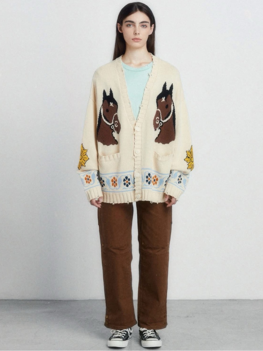 Profound Free People Oversized Floral Knit Horse Distressed Cardigan Size Small - Picture 5 of 12